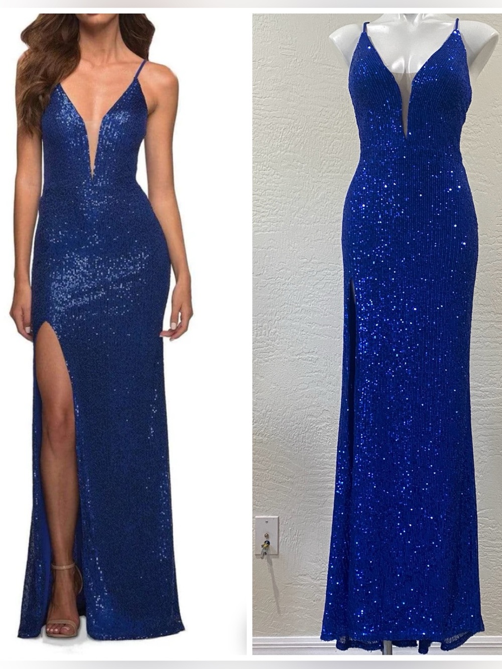 La Femme Royal Blue Sequin Spaghetti-Strap Evening Gown